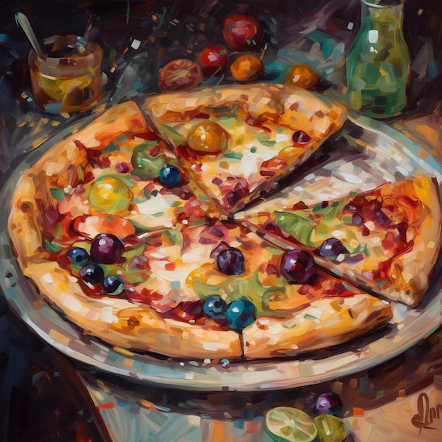 abstracte interpretatie van een pizza met gedurfde kleurstrepen