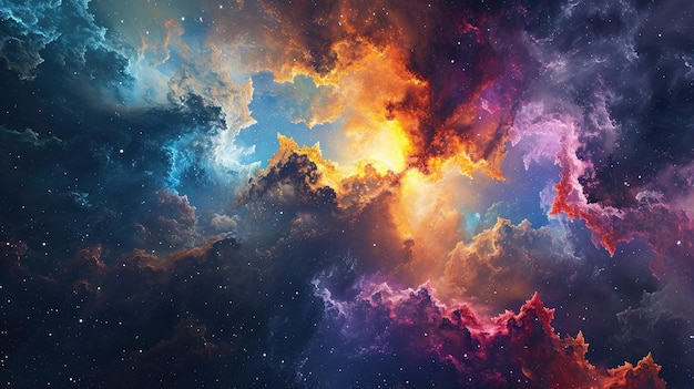 Abstracte interpretatie van het panorama van de achtergrond van het sterrenstelsel met kleurrijke kosmische wolken en sterre-explosies