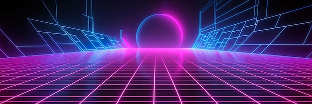 Abstracte jaren 80 retrowave cyberpunk achtergrond met kopie ruimte neon perspectief raster