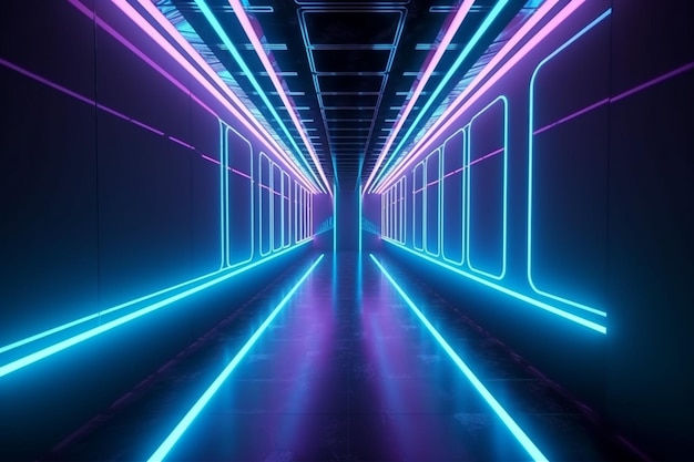Abstracte kleur neonlicht voetpad richting in perspectief in de futuristische stadsachtergrond Generatieve AI