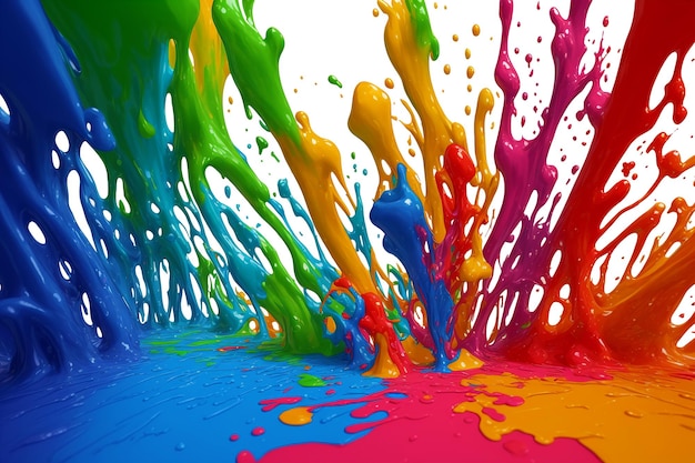Abstracte kleurrijke achtergrond met veel veelkleurige verfspatten Regenboog gekleurde vloeibare explosie illustratie Generatieve AI
