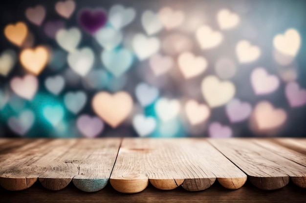 Abstracte kleurrijke harten met houten stadiumachtergrond voor valentijnsdag ai generatief