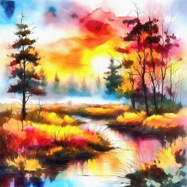 Abstracte kleurrijke herfstbos AI aquarel illustratie