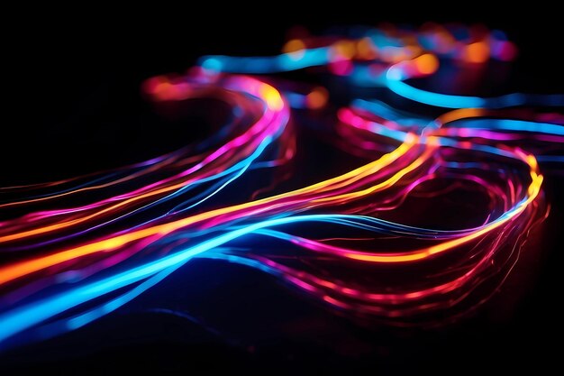 Foto abstracte kleurrijke neonlichtlijnen en gloeiende golven futuristische technologie behang