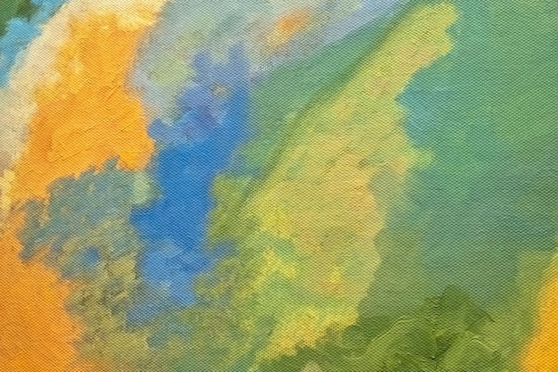 Abstracte kunst groene en oranje achtergrondkleuren. Waterverfschilderij op canvas met zacht blauw verloop