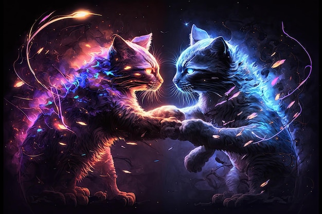 Abstracte kunst in twee jonge katten die vechten met laser krachtige spotlight-kleuring