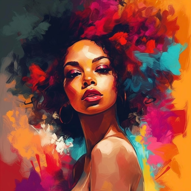 Abstracte kunst Kleurrijk het schilderen kunstportret van jonge afro modieuze vrouw