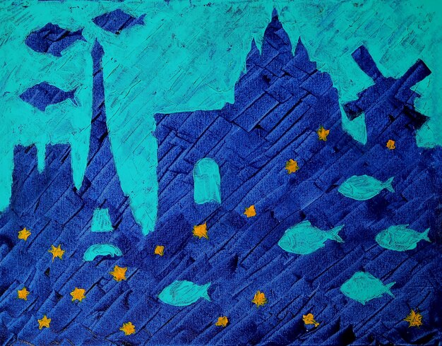 Foto abstracte kunst schilderij van de stad parijs en vissen