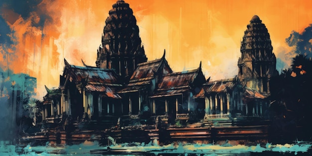 abstracte kunst van lege oude ruïnes van een Thaise tempel illustratie schilderij