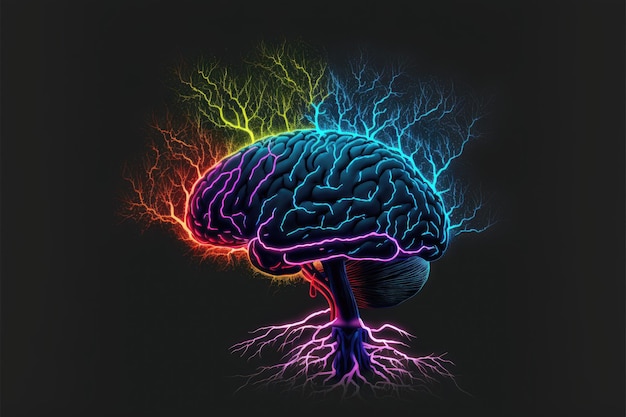 Abstracte kunst van neonlicht hersenen met zenuwen geïsoleerd op zwarte achtergrond