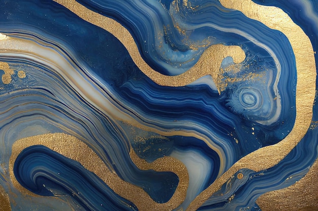 Abstracte kunstachtergrond met een vloeiende marmeren blauwe en gouden textuur Prachtige 3D-illustratie luxe abstracte kunstwerken in alcoholinkttechniek Glanzende gouden golfwervelingspatroon op een blauwe achtergrond