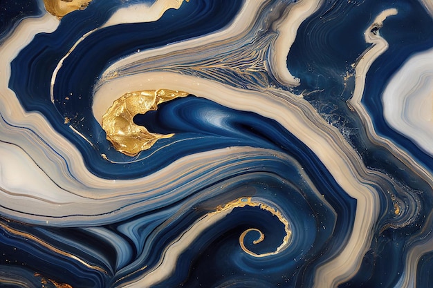 Abstracte kunstachtergrond met een vloeiende marmeren blauwe en gouden textuur Prachtige 3D-illustratie luxe abstracte kunstwerken in alcoholinkttechniek Glanzende gouden golfwervelingspatroon op een blauwe achtergrond