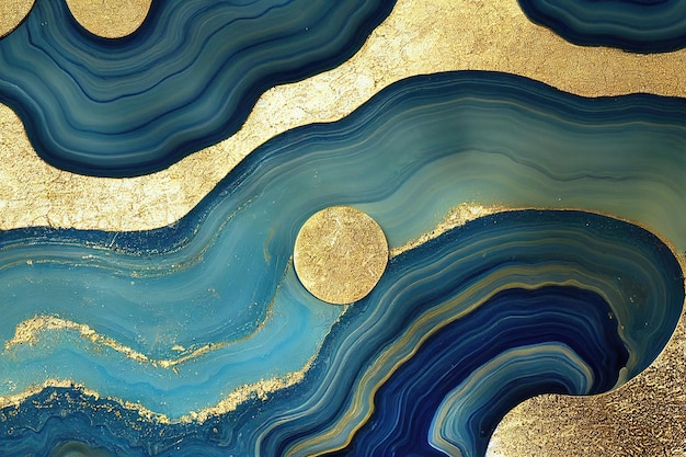 Abstracte kunstachtergrond met een vloeiende marmeren blauwe en gouden textuur Prachtige 3D-illustratie luxe abstracte kunstwerken in alcoholinkttechniek Glanzende gouden golfwervelingspatroon op een blauwe achtergrond