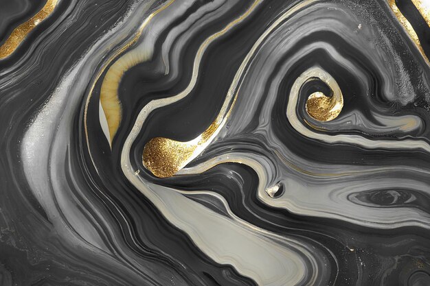 Abstracte kunstachtergrond met een vloeiende marmeren zwarte en gouden textuur Schitterend 3D illustratie luxe abstract kunstwerk in alcoholinkttechniek Glanzende gouden golfwervelingspatroon op een zwarte achtergrond