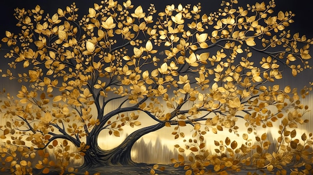 Abstracte kunstachtergrond met gouden boom en bladeren generatieve ai