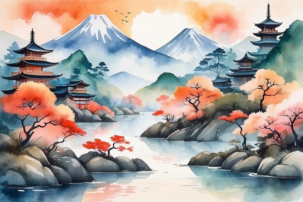 Abstracte landschap achtergrond in traditionele Japanse thema aquarel stijl