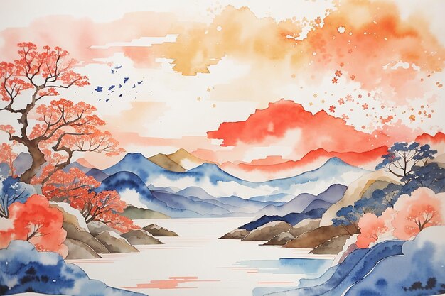 Abstracte landschap achtergrond in traditionele Japanse thema aquarel stijl