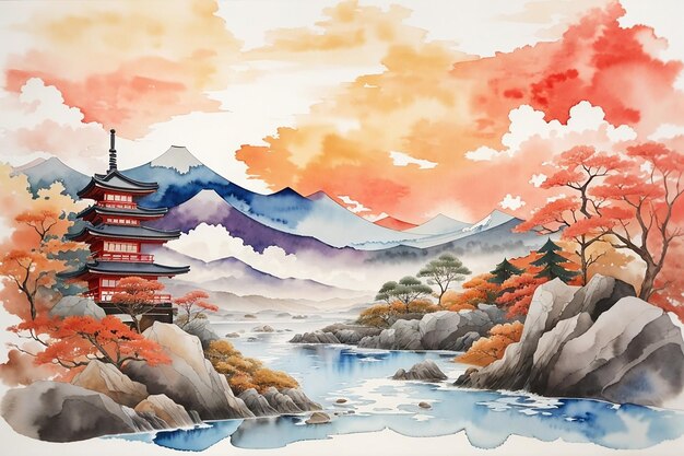 Abstracte landschap achtergrond in traditionele Japanse thema aquarel stijl