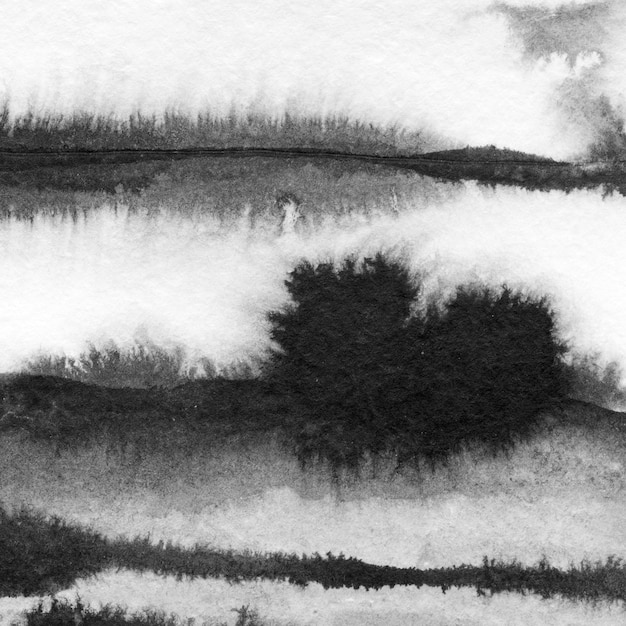 Abstracte landschap inkt hand getekende illustratie Zwart-wit inkt winterlandschap met rivier Minimalistische hand getekende illustratie kaart achtergrond poster banner Hand getekende aquarel zwarte lijnen