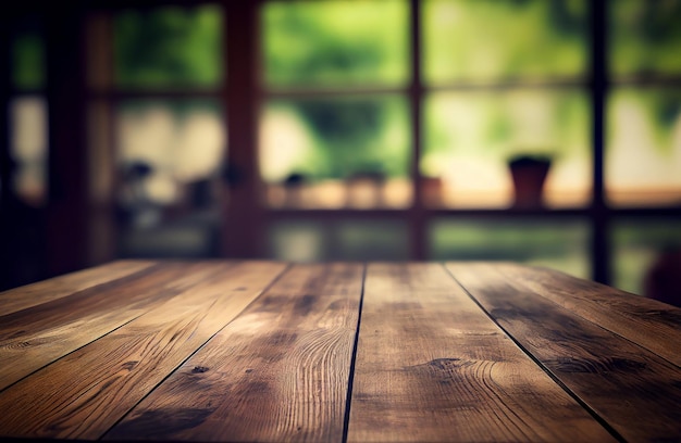 Abstracte lege houten tafel met kopie ruimte op interieur café en restaurant met onscherpe achtergrond