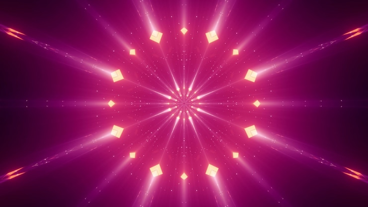 Abstracte levendige neonstralen met kleine ruiten die in duisternis gloeien