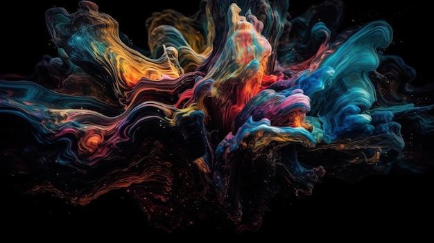 Abstracte levendige veelkleurige natte verfdruppels en vlekken op zwarte achtergrond heldere neonkleuren