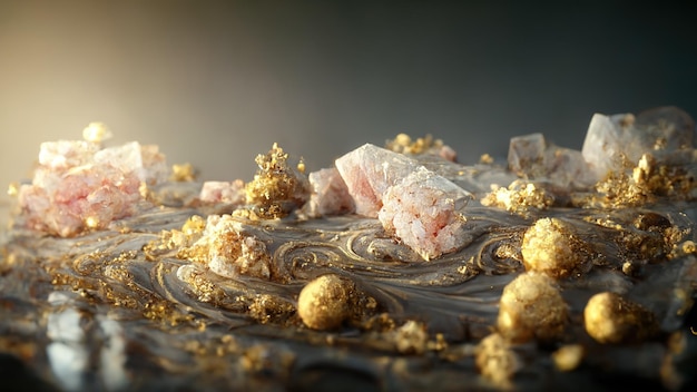 Abstracte luxe achtergrond hij met edelstenen en kristallen goudstof en lichteffecten Ai render 3D illustratie