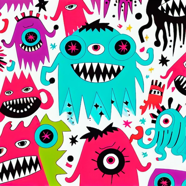 Abstracte magische grappige cartoonmonsters Veel gekleurde verf grappige monsters en regenboogkleuren