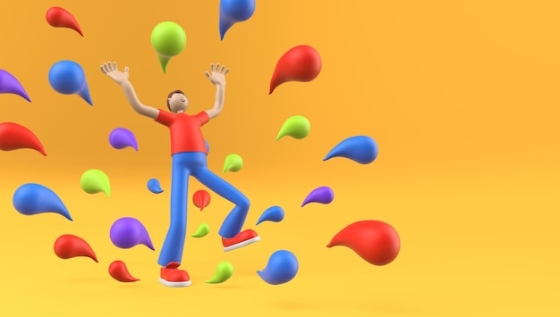 Abstracte man in opgewonden pose met gelukkige uitdrukking tussen kleurverfdruppels, 3D-rendering.
