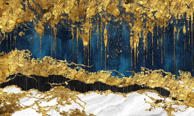 Abstracte marmer moderne doek muur kunst decor gouden wit gouden en verf blauwe achtergrond