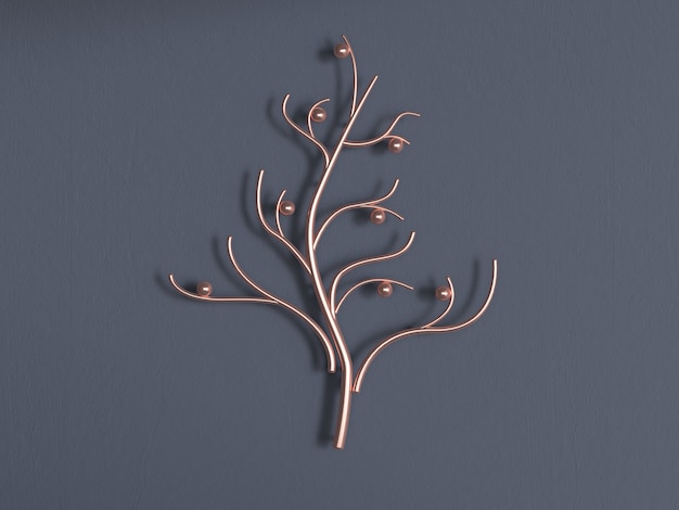 abstracte metalen goud koperen boom 3D-rendering grijze muur