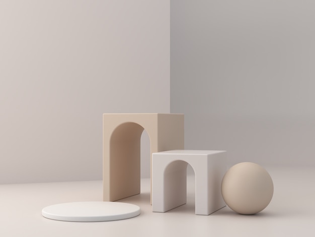 Abstracte minimale scène met geometrische vormen. Box podiums met bogen in crème kleuren. Abstracte achtergrond. Scène om cosmetische producten en sieraden te tonen. Showcase, winkelpui, vitrine. 3D render.