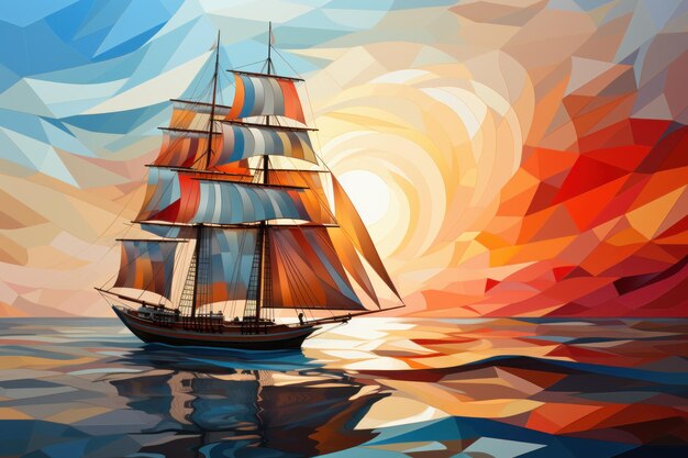 Abstracte moderne digitale kleurrijke kunst gemaakt met oud zeemansschip en geometrische vormen