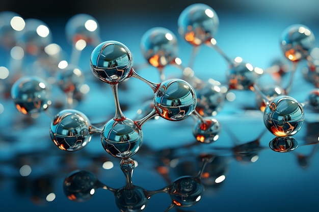Abstracte moleculaire structuur op blauwe achtergrond Wetenschap cosmetische medische modellen Generatieve ai