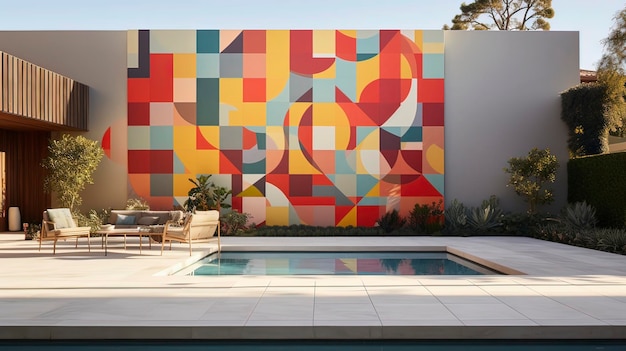 Abstracte muurschildering die een door de zon verlichte binnenplaatsmuur siert die doet denken aan een kaleidoscoop Generatieve ai