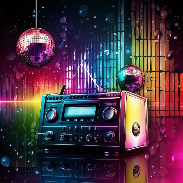 Abstracte muziek dj feest achtergrond met jukebox en disco ballen