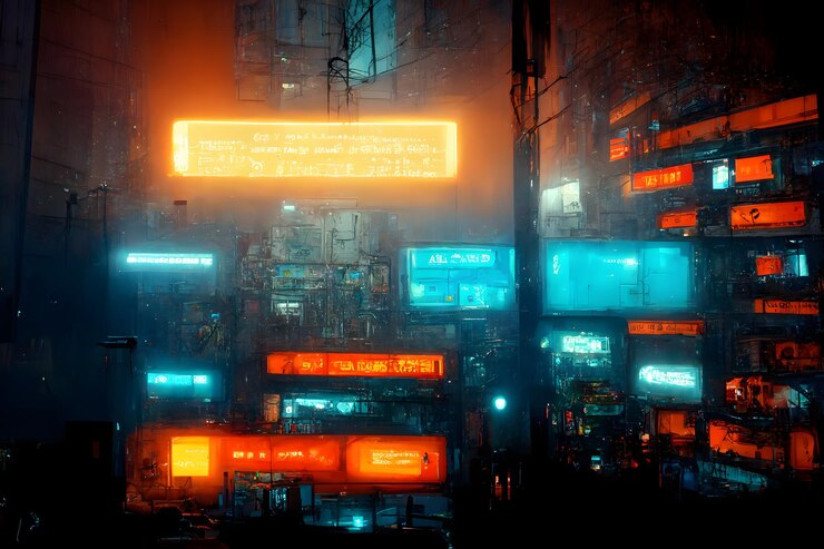 Foto abstracte nacht cyberpunk stad met veel groenblauw en oranje gloeiende neon advertenties neuraal netwerk