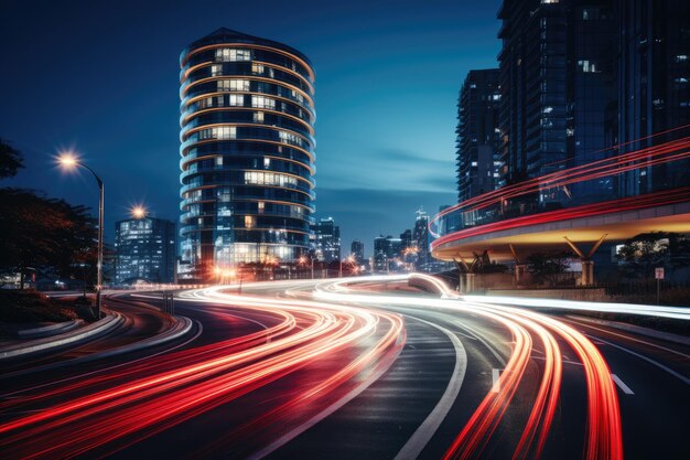 Abstracte nachtelijke stadslandschap achtergrond Slimme stad AI en digitaal transformatie concept Dubbele blootstelling