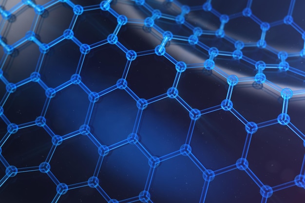 Abstracte nanotechnologie zeshoekige geometrische vorm close-up, concept grafeen atomaire structuur, concept grafeen moleculaire structuur. Wetenschappelijk concept, 3D illustratie