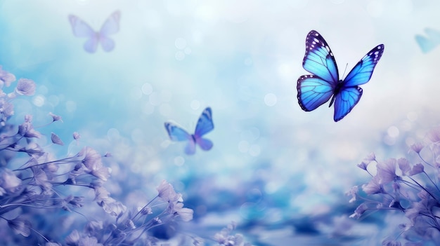 Abstracte natuurlijke lente achtergrond met vlinders en lichtblauwe donkere weide bloemen close-up
