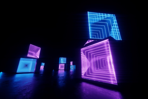 Abstracte neon achtergrond blauw paars neon. Modern design, trendinterieur, ultraviolet licht, nachtclub, lichtgevende panelen, podiumdecoraties, gang, tunnel. 3D render 3D illustratie kopie ruimte.