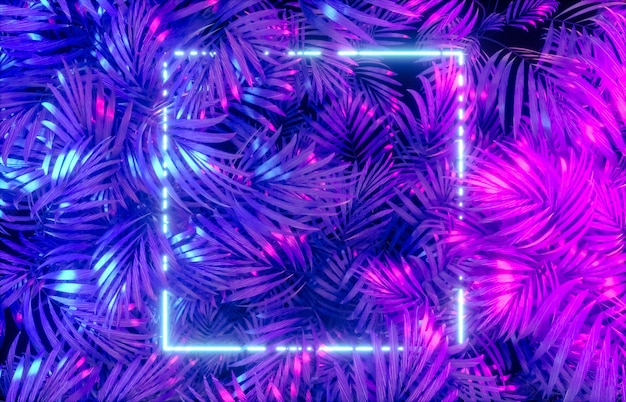 Abstracte neon frame achtergrond met tropische bladeren achtergrond. 3D render.