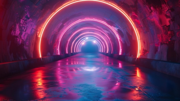 Abstracte neon licht tunnel achtergrond met gloeiende cirkelvormige ringen en vloer reflectie Digitale futuristische achtergrond voor ontwerp hologram effect Generatieve AI