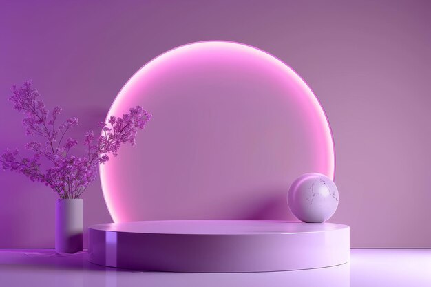 Foto abstracte neon roze 3d-kamer met realistisch rond podium bloem en paarse bal minimale scène