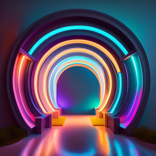 Abstracte neonlichten boog Kleurrijke gloeiende gang Tunnel met ingewikkeld ontwerp