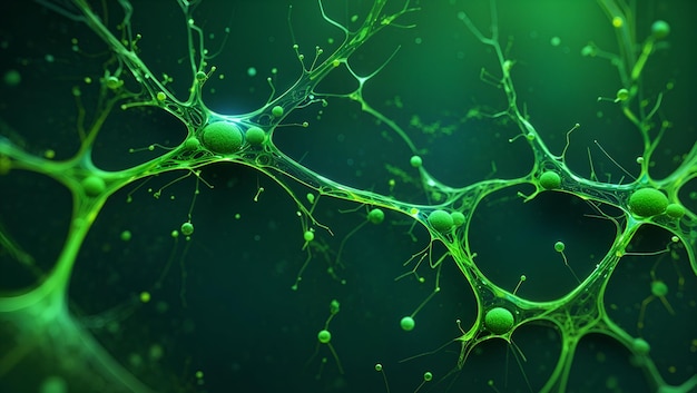 Abstracte neuronen kunstwerken 3d illustratie op groene kleur achtergrondontwerp behang