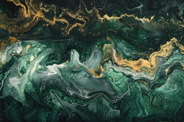 Abstracte oceaangolven in donkergroene en gouden marmeren textuur