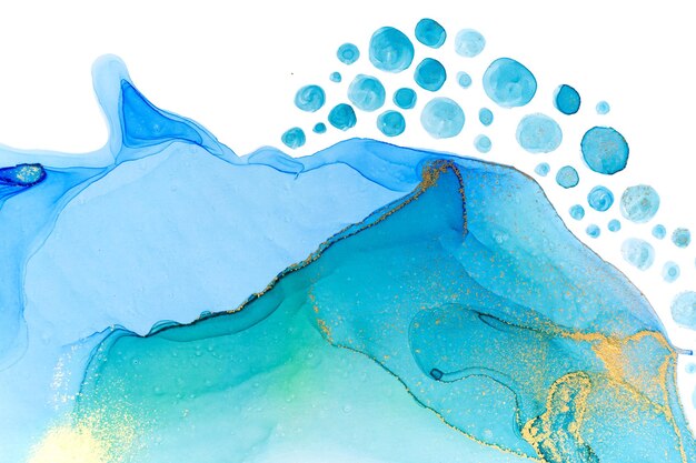 Abstracte oceaanschuimprint. Aquarel blauwe textuur met gouden Glitters.