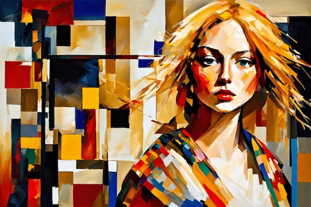 Abstracte olieverf schilderij van een mooie vrouw met lang blond haar en veelkleurige ogen