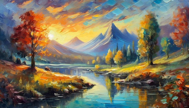 Abstracte olieverf schilderij van meren, bergen en bossen Dramatische hemel Prachtig natuurlijk landschap